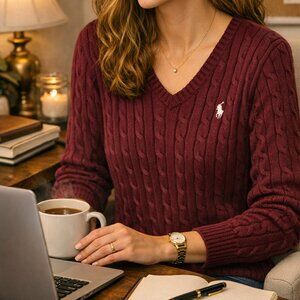 Ralph Lauren Women's Cable-Knit V-Neck Sweater in Burgundy with White Pony